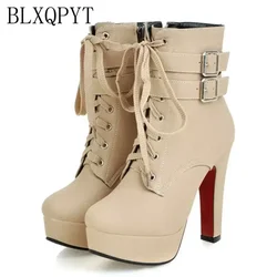 BLXQPYT Ankle Boots Women Fashion Round Toe Cross Tied Zippe High Heels Autumn Winter Party Dress Platform Boots Big Size 50 X-2
