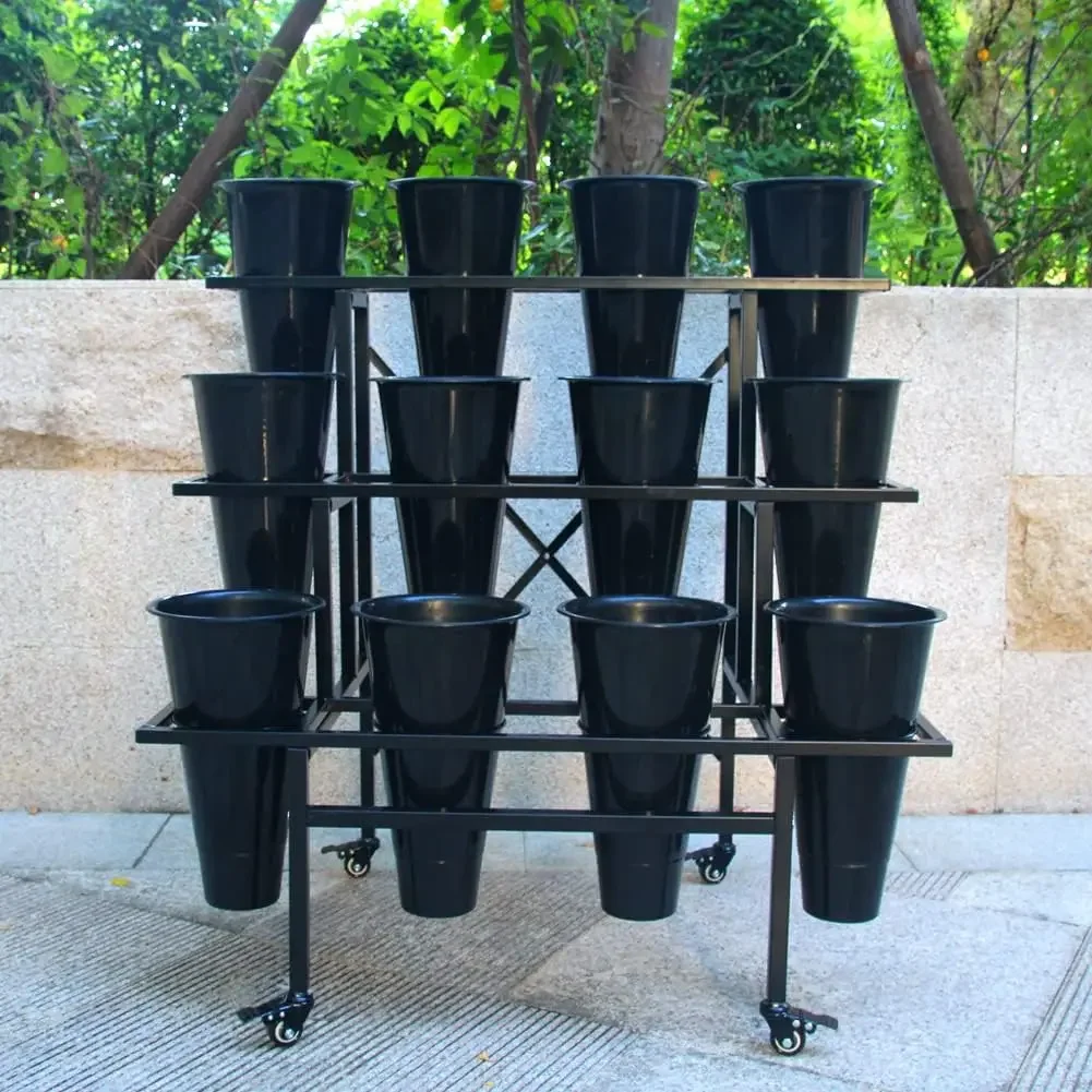 Heavy Duty Rolling Garden Display Cart Plant Stand with Wheels Flower Shelf Equipped with 12 Plastic Buckets for Fresh Flower Display
