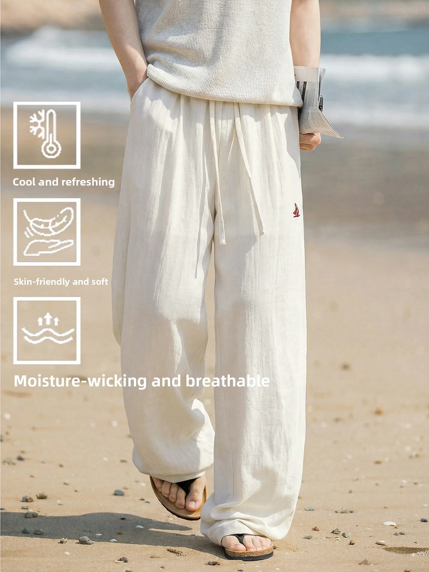 

Men's Casual Loose Fit Straight Leg Pants Ice Silk Embroidered Linen-Like Spring Summer Lightweight Comfortable Long Trousers