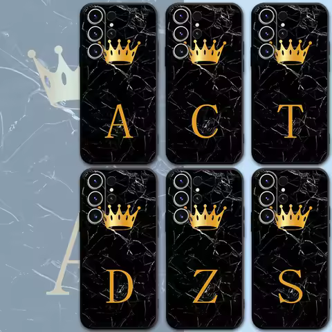 Case for Samsung Galaxy S23 FE S24 Ultra S22 S21 S20 Ultra S21 Plus S22Ultra 5G Black Marble Crown Letter Black Soft Phone Cover
