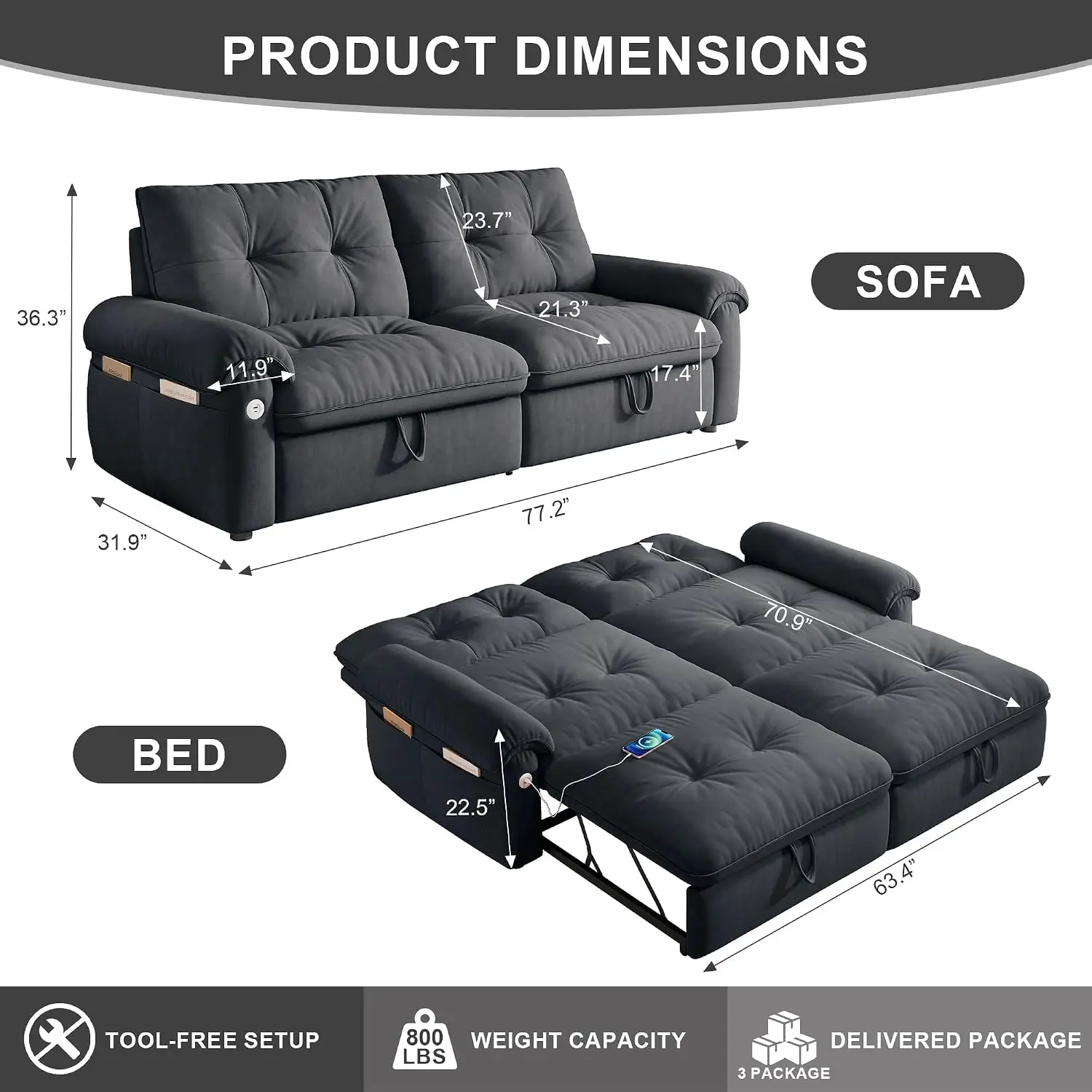 Queen Sleeper Sofa with Adjustable Backrest, USB & Side Pockets, 2 Seater for Living Room, Space-Saving, Customized