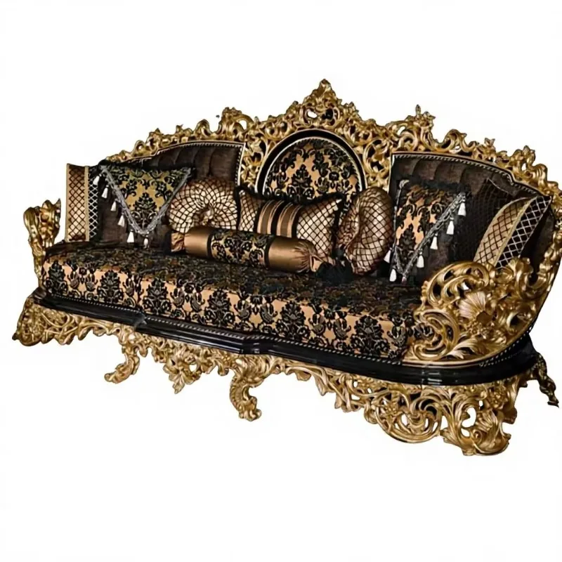 European Style Luxury Solid Wood Carved L-Shape 3 Seat Sofa Set French Style Gold Foil Fabric Commercial Use Living Room