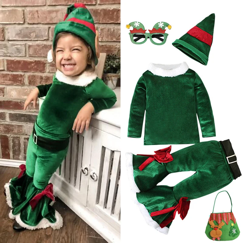 Green Elf Girls Christmas Costume Festival Santa Claus for Kids New Year Children Clothing Set Hat +Top +Pants Xmas Party Outfit