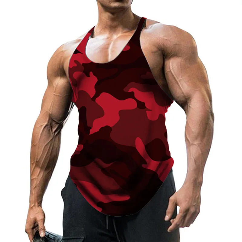 Men\'s Back Gym Stringer Tank Top Camouflage Top Breathable Bodybuilding Gym Vest Sleeveless Men T-shirt Crew Neck Fitness Tee