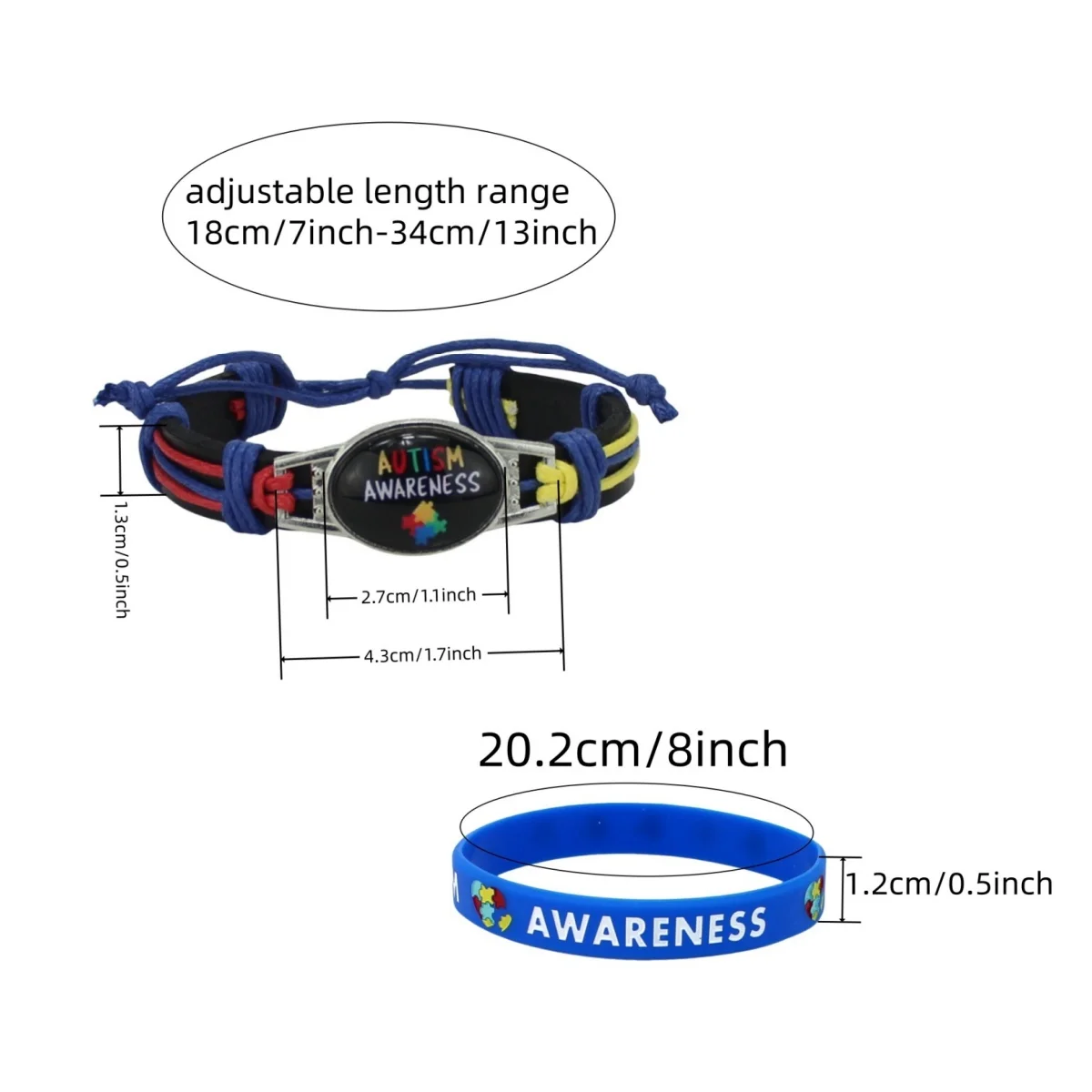 Autism awareness bracelet set, featuring a genuine leather waxed rope woven bracelet paired with a blue silicone wristband