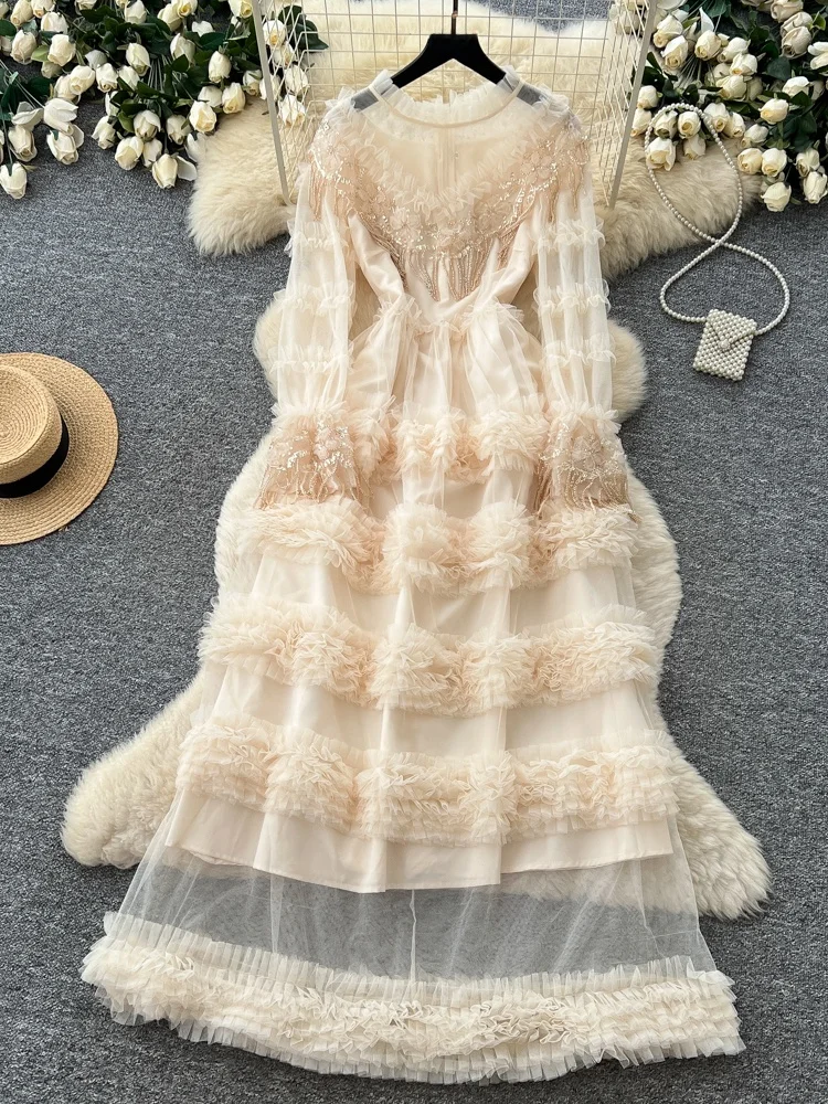 

Elegant Korean Style Women's Long Skirt Cake Hem Lace Waist Cinching Slimming Fairy Tale Wind Dress City Commute Summer