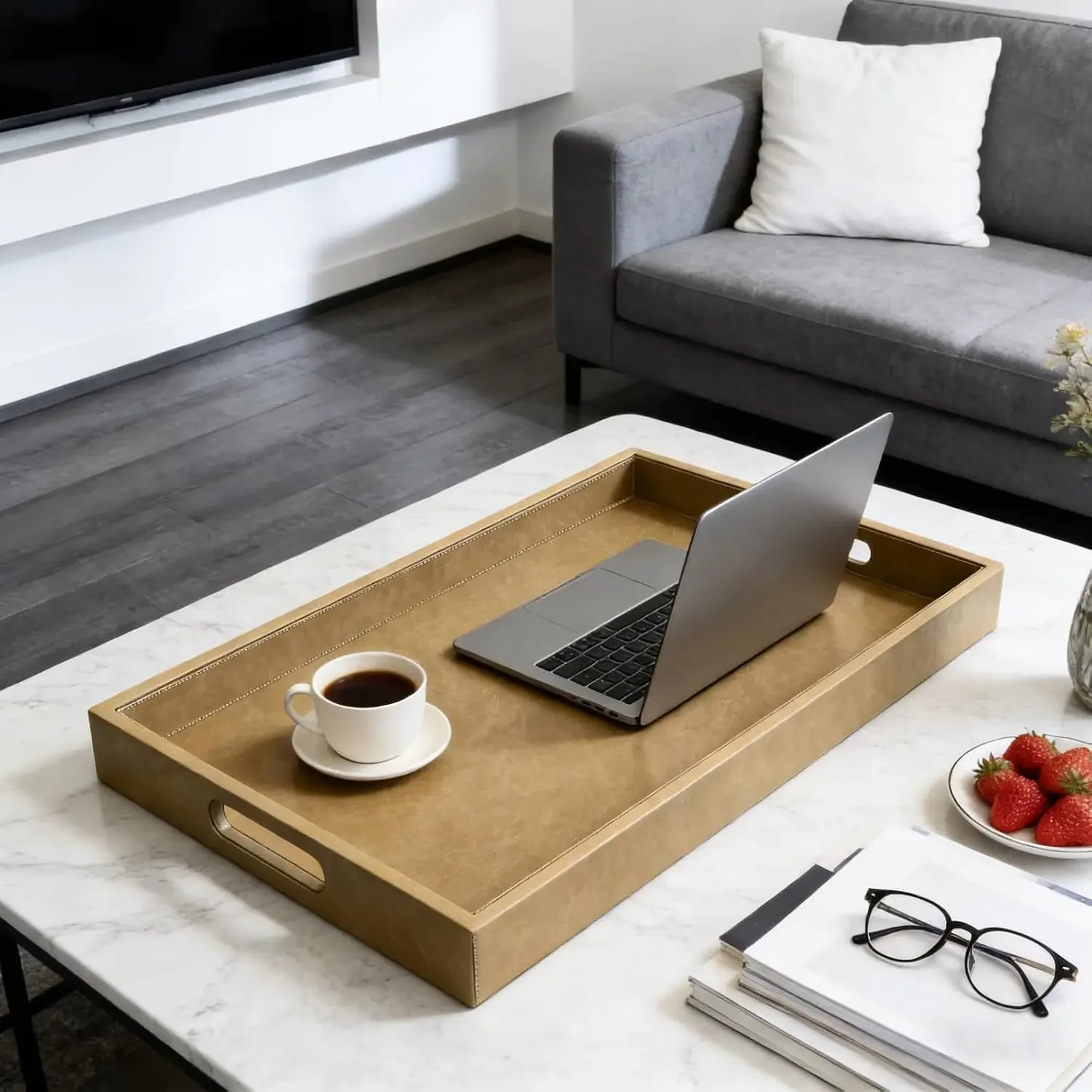 30 x 24 inches Rectangle Leather Ottoman Serving Tray with Hole Handles, Extra Large Modern Service Tray for Living Room