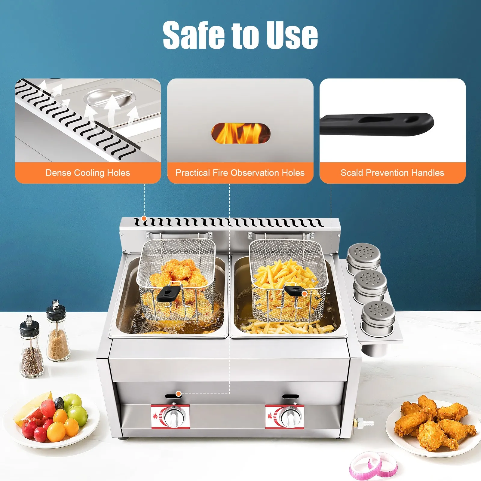 

Коммерческая газовая фритюрница с 2 баками для сжиженного нефтяного газа — нержавеющая сталь 430, каждая 6 л, быстрый нагрев для ресторана, грузовика с едой и на вынос