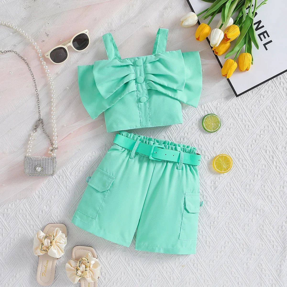 Kids Summer Short Suit Infant Toddler Girls Solid Colour Suspenders Bow Tops + Shorts 2 Piece Set New Fashion