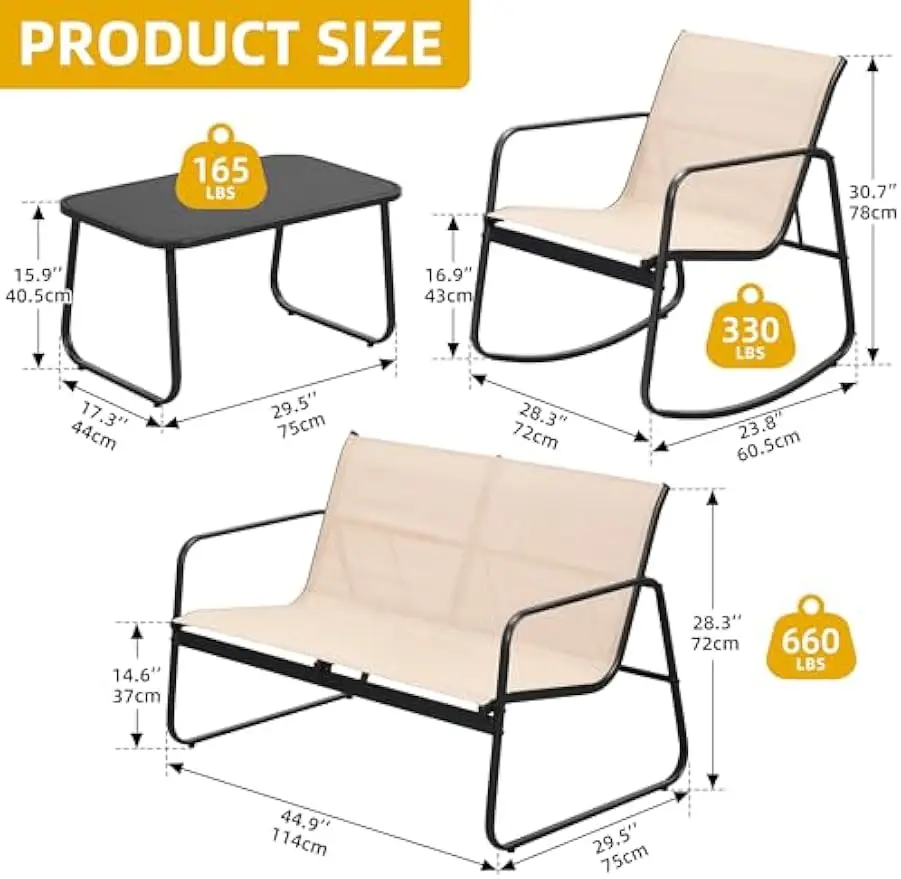 4 Piece Patio Furniture Set with Rocking Bistro Chairs and Glass Table,Textilene Fabric Small Outdoor Conversation Furniture Set