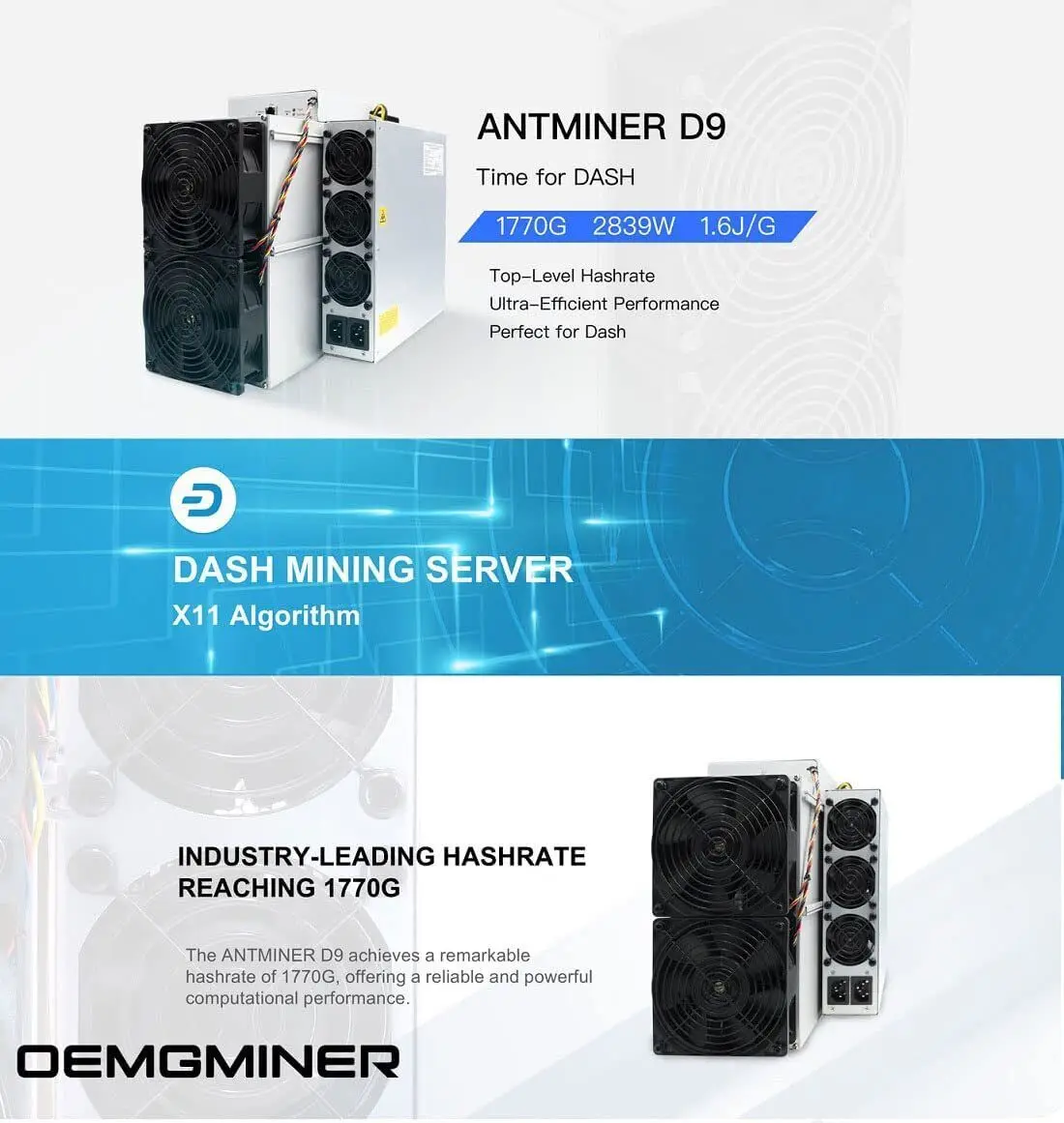 اشتري 2 واحصل على 1 مجانًا جديد Bitmain Antminer Dash Miner D9 Hashrate 1770G Power 2839W w/ PSU