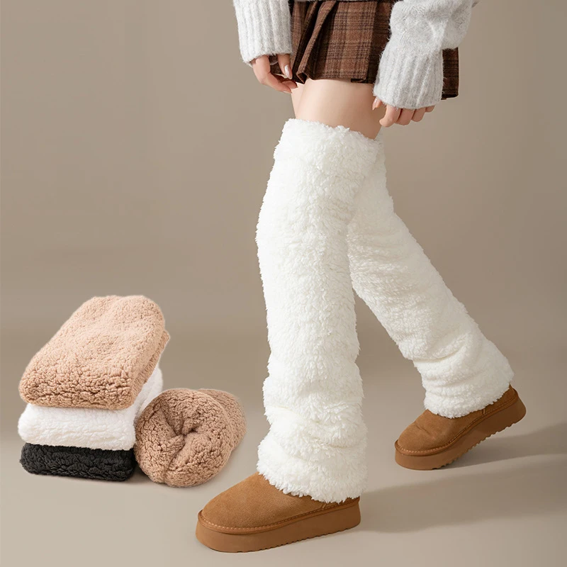 Women Coral Fleece Knee High Socks Winter Warm Knee Pads With Thicken Velvet Fleece Leg Warmers Thermal Stockings Boot Cuffs