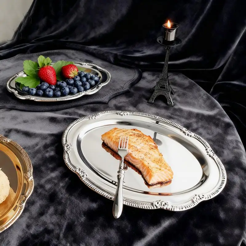 C New Vintage Embossed Silver Tray Serving Platter For Desserts Jewelry Storage Organizer Snack Plate Dining Table Decoration image 3