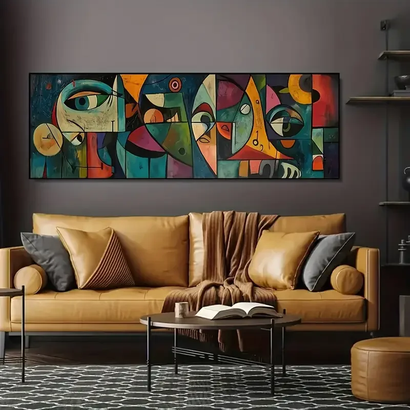 قطعة واحدة من طباعة قماشية بعيون هندسية تجريدية بدون إطار - فن جداري حديث نابض بالحياة مع خطوط جريئة وأشكال ملونة، مثالي للمنزل