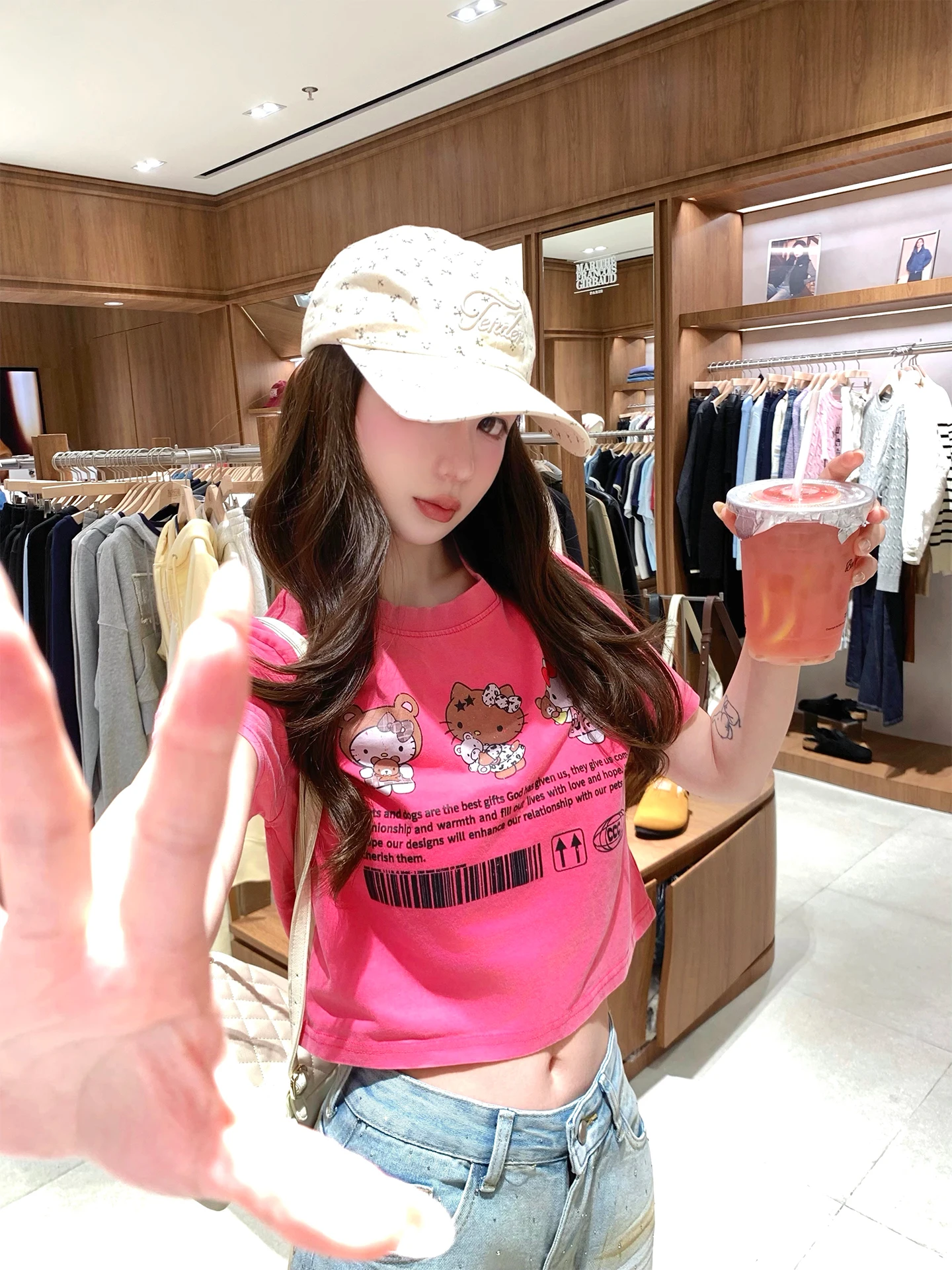 

Женская футболка Xuekeke Water Waed Pink Kit с коротким рукавом, ретро-принтом, милым дизайном, укороченная, приталенная, повседневная