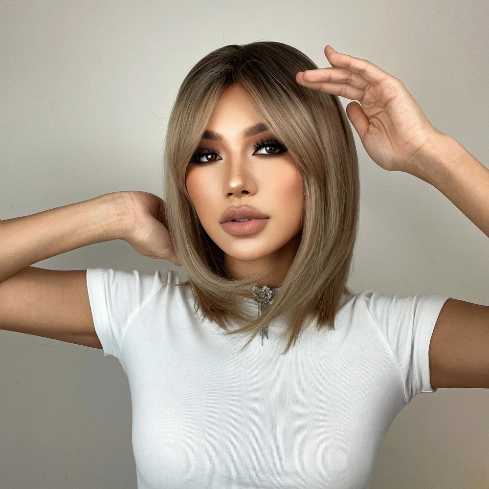 Synthetic Wigs with Bangs Brown to Blonde Ombre Medium Length Straight Bob Wigs for Women High Temperature Daily Use Wig