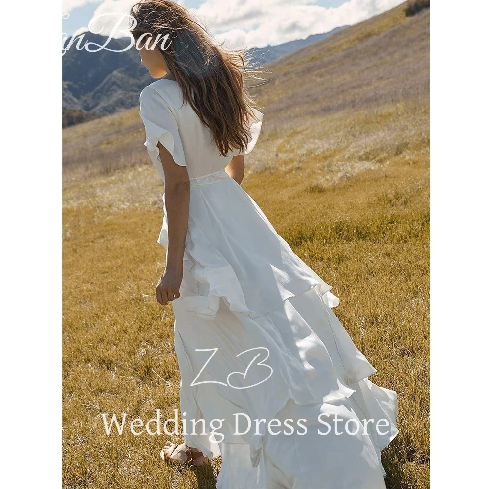 ZanBan Customized Short Sleeves V Neck Boho Bridal Dress Floor Length Tiered Irregular Wrap A Line Rustic Wedding Gown Simple