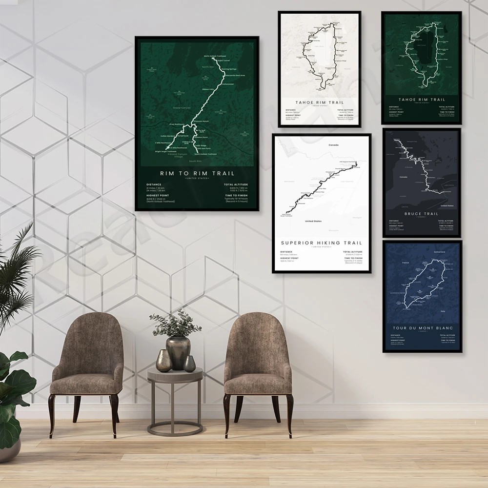 Tour Mont Dublanc, Bruce Trail Trail, Grand Canyon Trail Rim to Rim Roadmap, Tahoe Rim Trail at Lake Tahoe Poster, Hiker Gifts
