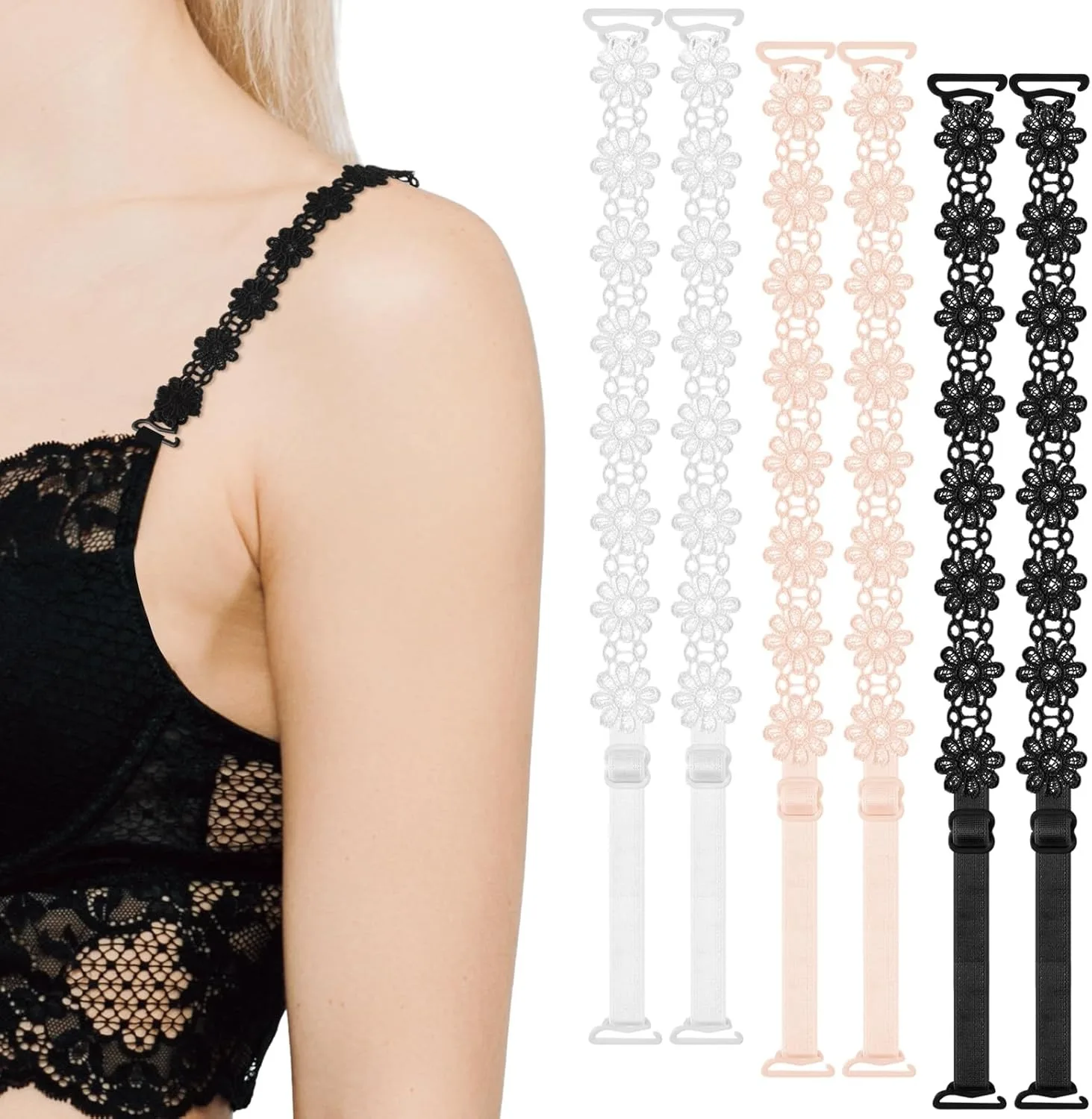 3 Pairs Bra Straps Replacement Flower Lace Elastic Bra Shoulder Straps Decorative Underwear Strap for Women Girls Tops Dress (White, Beige, Black)