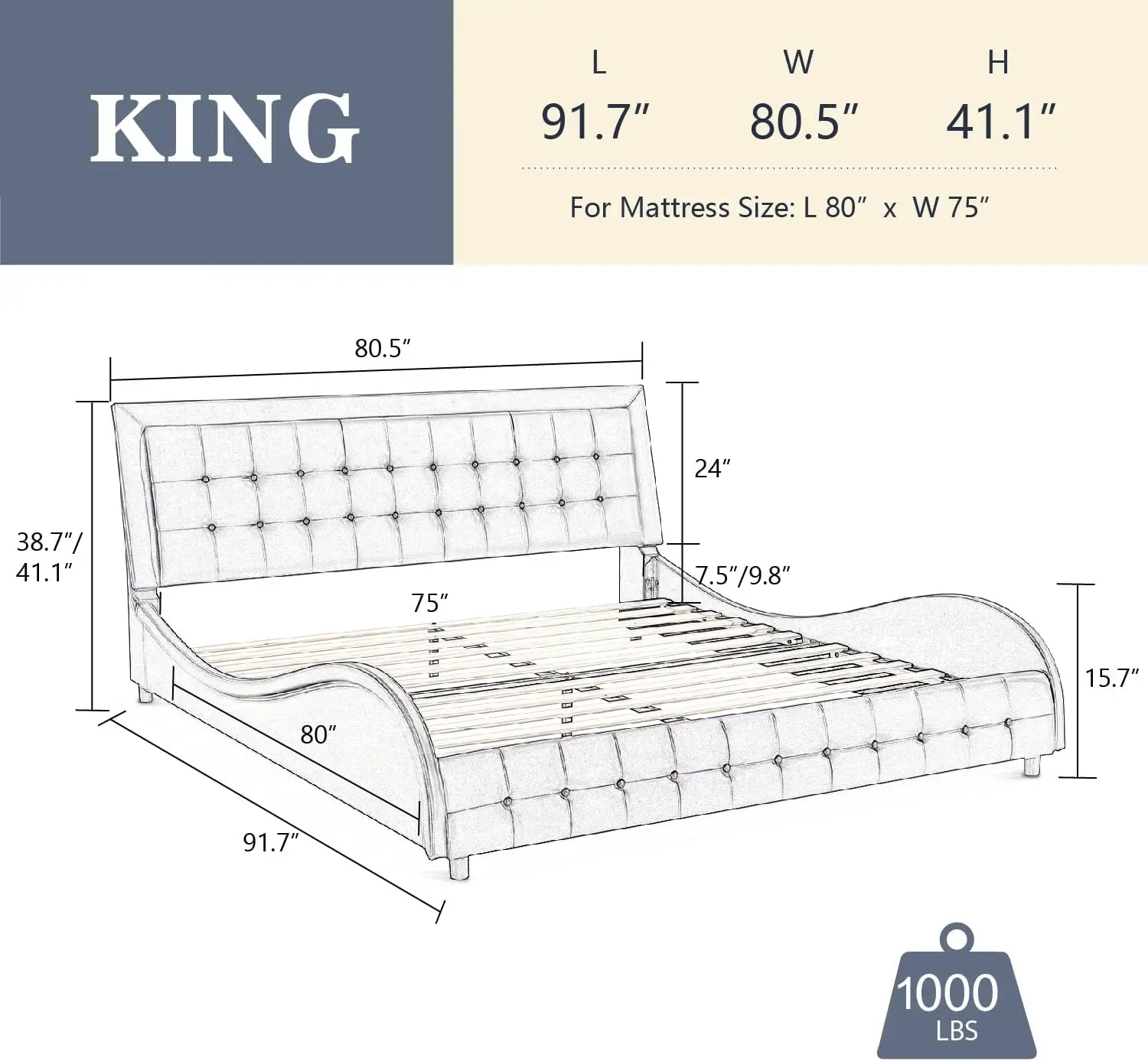 Cadre de lit King avec planche de sauna réglable, support de lattes en bois, lit à plateforme rembourrée, fondation de matelas