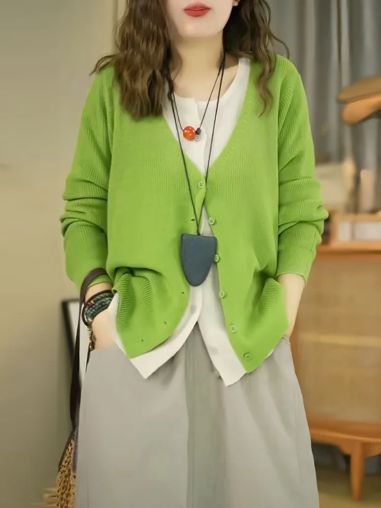 Loose Knitted Long Sleeve Cardigan Casual Style Korean Version Spring Outfit Fake Two-Piece Design Breathable Comfortable Swe...