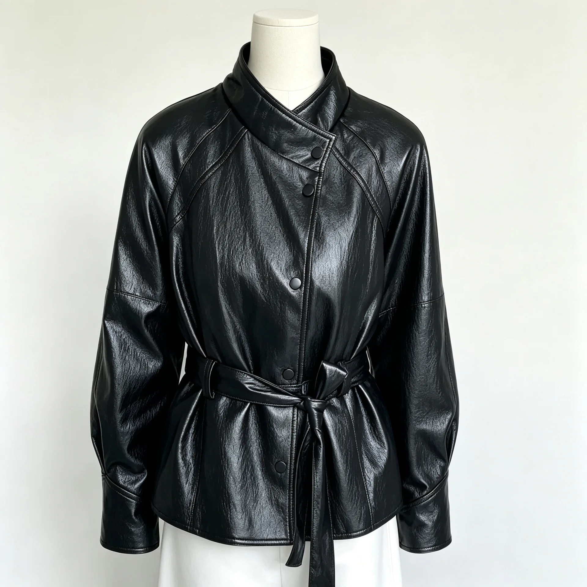 Faux Leather Moto Jacket Women Stand Collar Belted Waist Single Breasted Solid Color Autumn Winter Streetwear Outerwear Coat