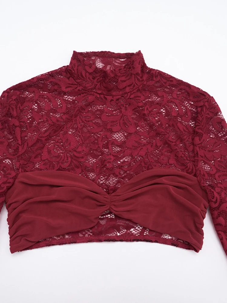 SsTss doorzichtige 2-delige set voor dames, sexy crop top met opstaande kraag, lange mouwen en gewikkelde lintrok, magere kanten outfits