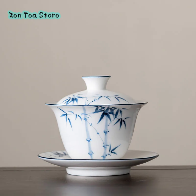 

White Porcelain Hand-painted Three Tea Cover Bowl Blue And White Cover Bowl Under Glaze Color Tea Set Ceramic Home Tea Bowl