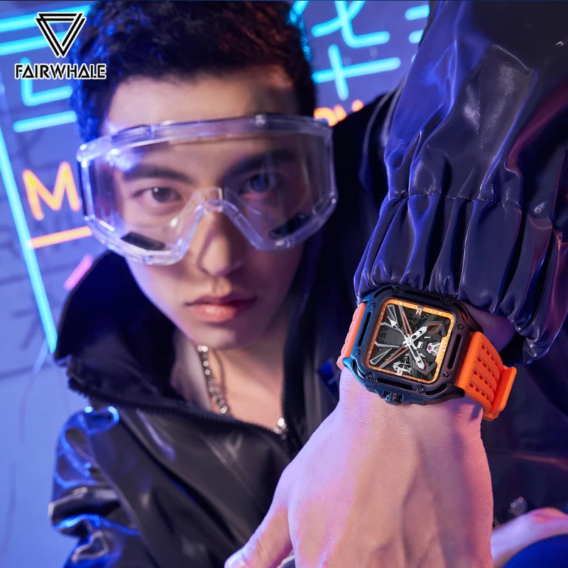 Mark Fairwhale-Reloj Automático deportivo para hombre, pulsera mecánica cuadrada con correa de silicona naranja, a la moda