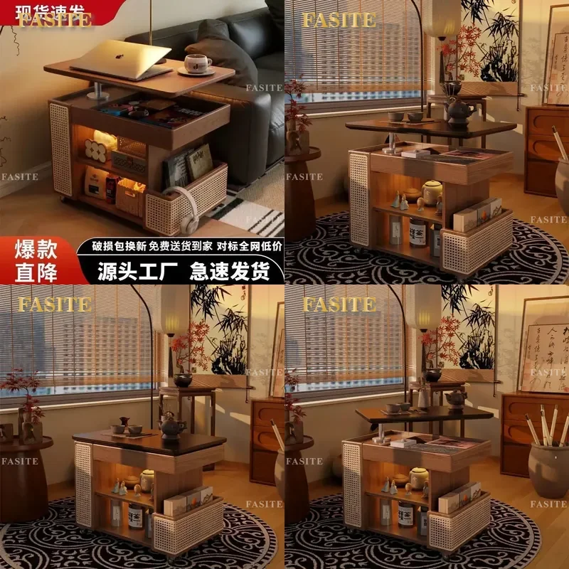 For Small Apartment Solid Wood Mobile Lifting Coffee Table Rotating Side Cabinet with Wheels Living Room Sofa End Table Space