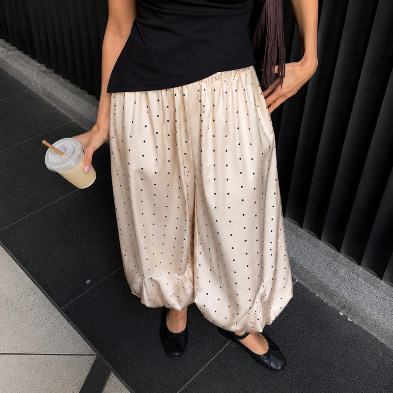 

Satin Long Lantern Pants Women 2026 Summer Polka Dot Printted Chic High Waist Trousers Spring Vintage Loose Ankle Length Pants