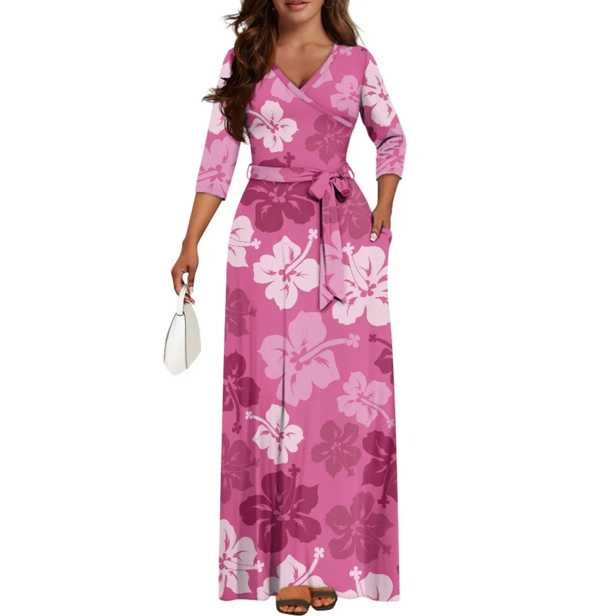 Polynesian Tribal Clothing Fijian Samoa Tapa Women\'s 3/4 Sleeve Floral Print Plus Size Casual Party Maxi Dress With Pocket Belt