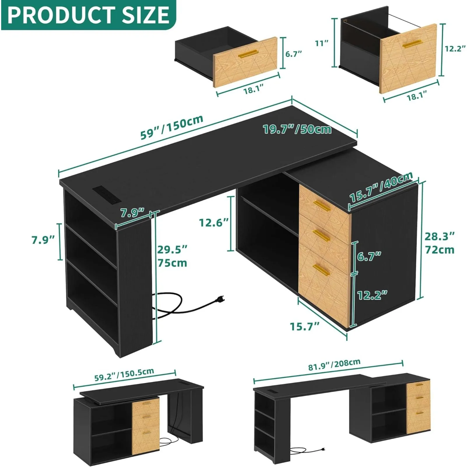 Bureau en forme de L américain avec étagères et égouts de proximité, bureau d'ordinateur 59 "avec prises de courant et lumières LED, coin rotatif à 360 °