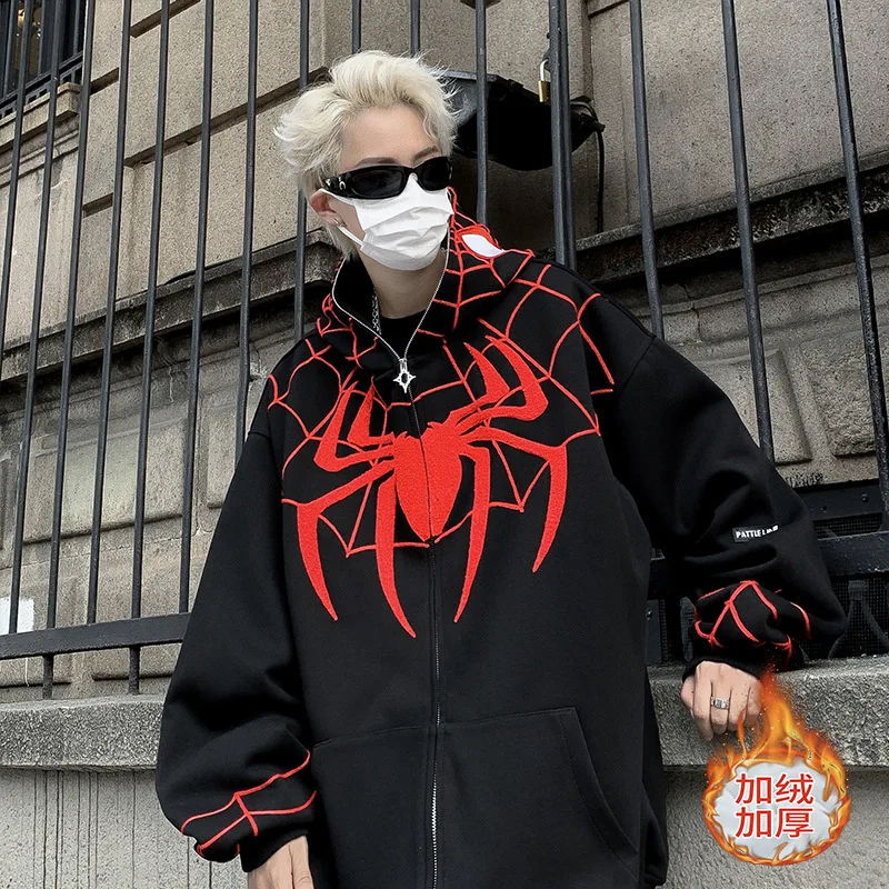 New Hooded Sweater With Velvet For Men Spider Man Zipper Coat Full Thorn Embroidered Coat For Street Leisure Loose Fit