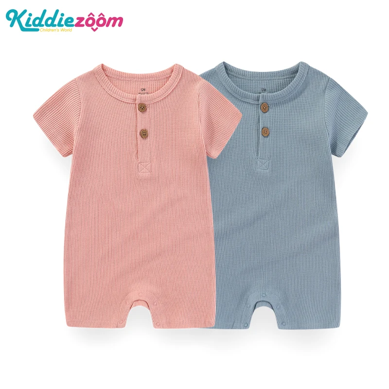 Baby solid colored threaded short sleeved jumpsuit Baby pajamas for boys and girls aged 0-24 months