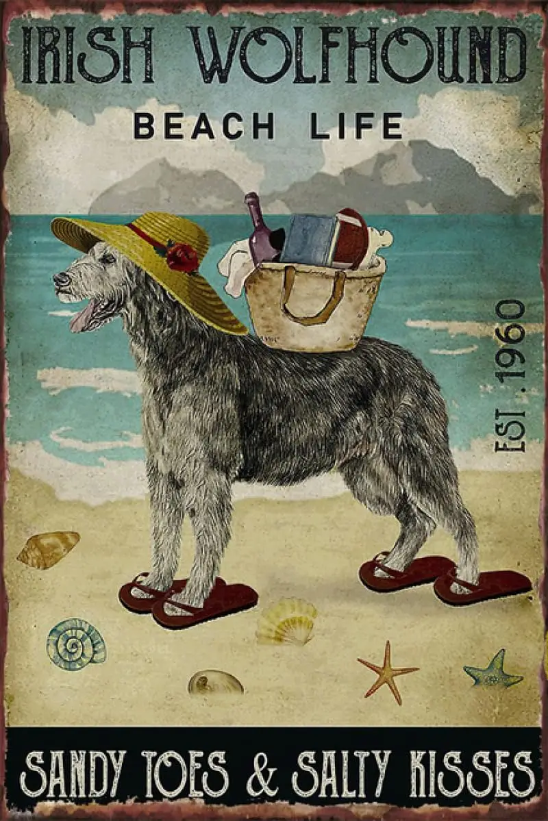UOAIUDT Retro Metal Poster Irish Wolfhound Beach Life Metal Tin Signs Vintage Plaque Wall Decor Gift For Home Kitchen Office