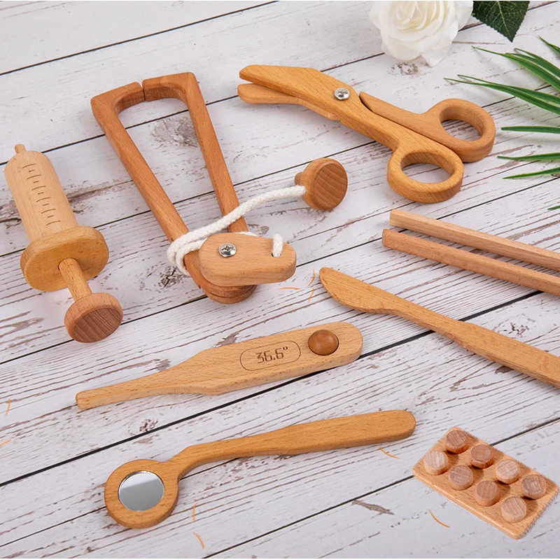 Wooden simulation medical box stethoscope injection cosmetic bag make-up play children's Toy Screw Toolbox