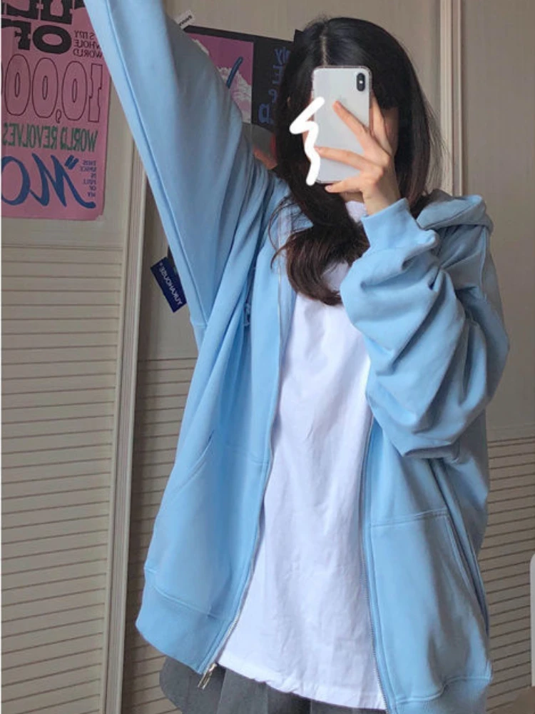 Oversized Hooded Sweatshirts Korean Fashion Loose Casual Tops Jackets Vintage Blue Zip Up Hoodies Women Harajuku Preppy