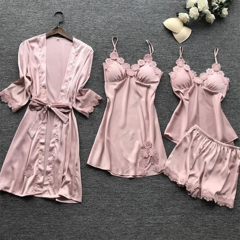 

European American Black Four Piece Homewear Set Delicate Lace Soft Breathable Casual Loungewear For Women Indoor Household Wear