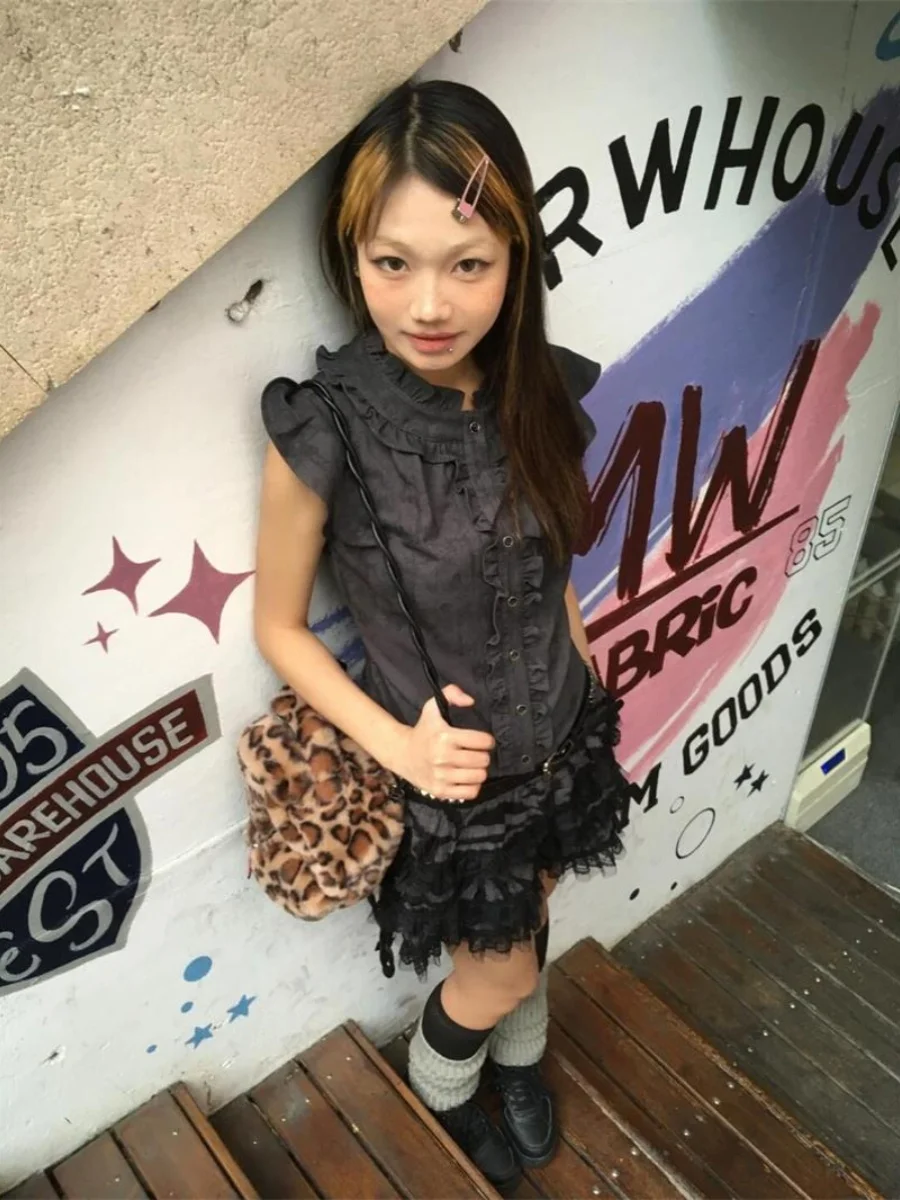 

Slim Fit ort irt Vintage Gingham Design Wood ain Splicing Slimming ort Top Women's Faion Summer Outerwear