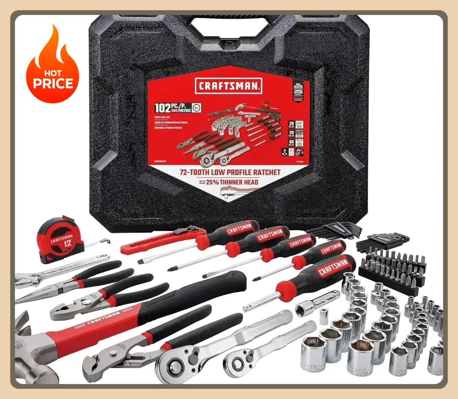 

102 Piece Mechanics Tool Set, Hand Tool and Socket Set SAE/Metric (CMMT99449)