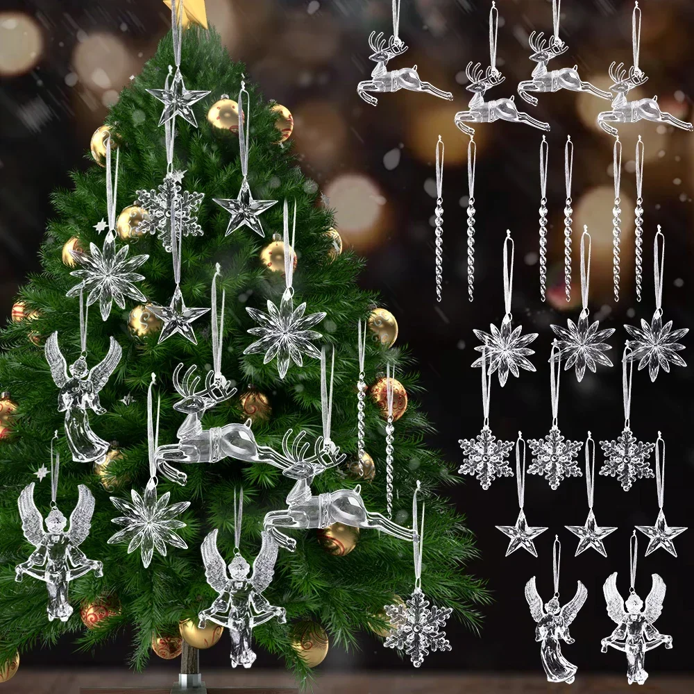 2/24pcs Crystal Clear Snowflake Christmas Tree Pendants Icicle Decorations For Holiday Winter Party Transparent Hanging Ornament