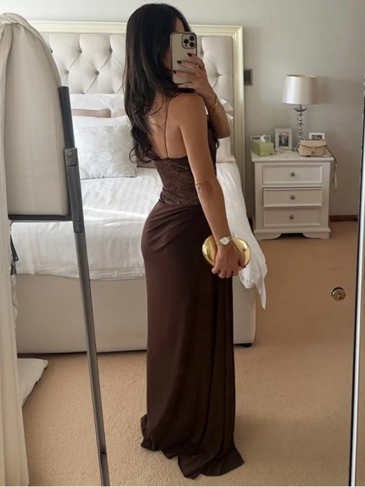 Vestido largo sexy de encaje transparente de un hombro para mujer, elegante, sin mangas, escote bardot, espalda descubierta, para fiesta 5