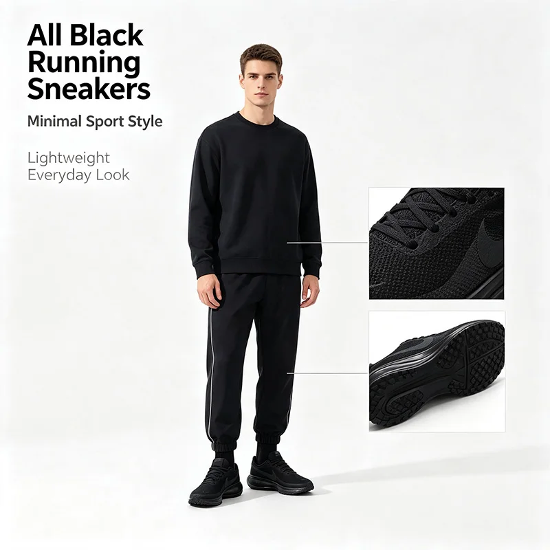 Nike Genuine BlackAll Black Running Sneakers for Men Cushioned Thick Sole Lightweight Street Sport Shoes HJ9198-002