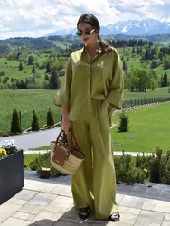 TRAFZA 2024 damskie zestawy spodni w jednolitym kolorze bluzka na co dzień koszule z długim rękawem spodnie z elastyczną talią moda damska Streetwear strój TRAF