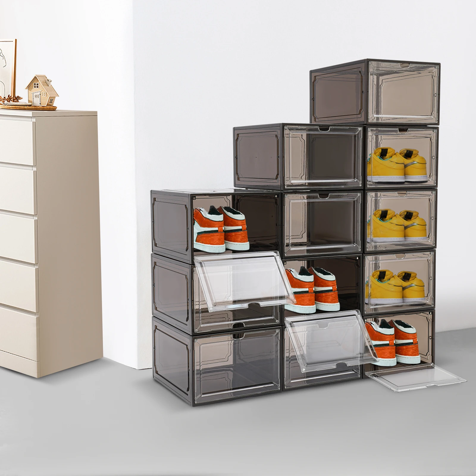 

12pcs Acrylic 27x34.5x19cm Stackable Front Door Shoe Box Dust-proof Display Shoe Cabinet Flip Storage Box