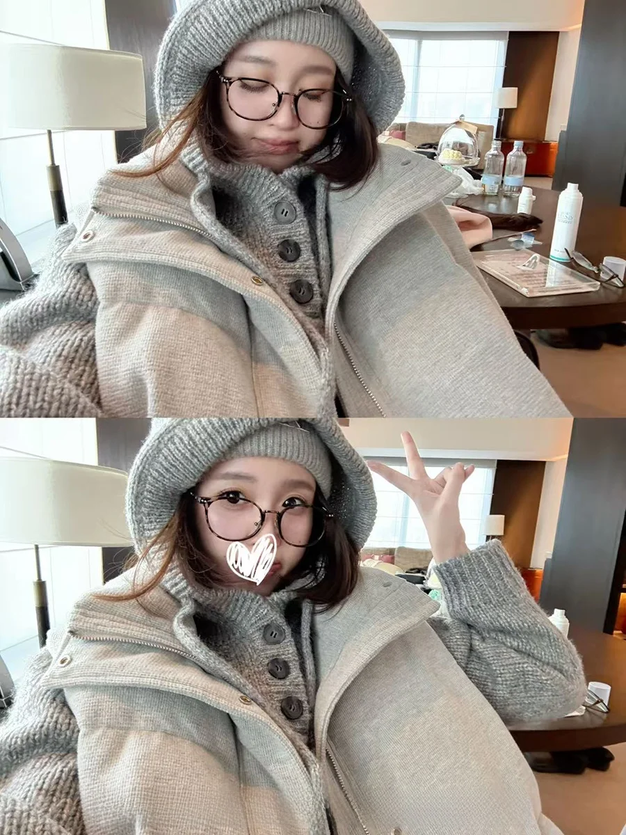 

CallmeEar Women's Winter Knitted Hat Set Fce Lined Hooded down Vest Casual Sle Two Piece Set Chinese Brand Adult Faion