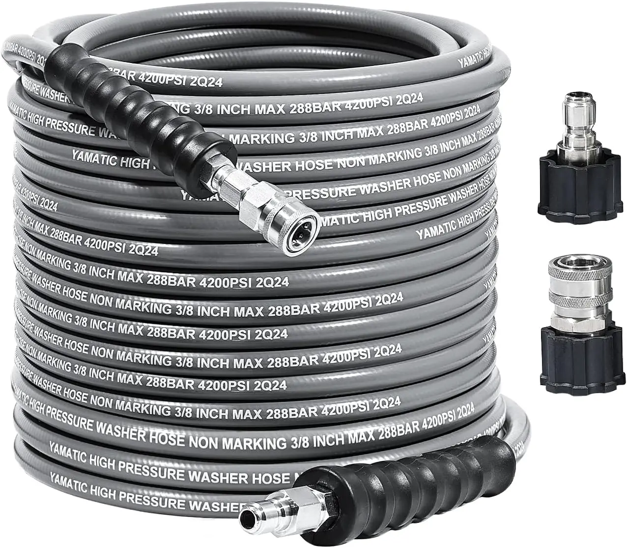 

Pressure Washer Hose 100 FT with Stainless Steel Swivel 3/8"&M22 Quick Connection, Non Marking Rubber 4200PSI Steel Wire Braided