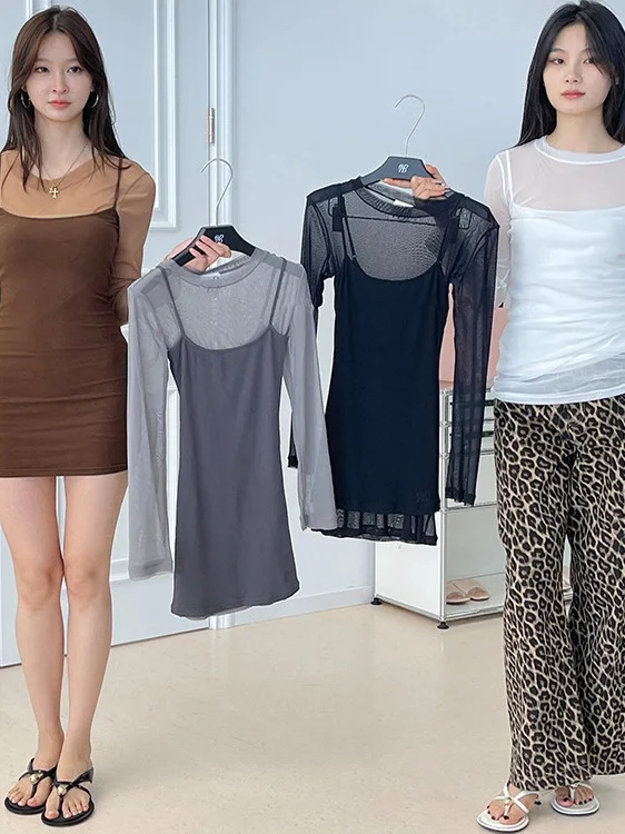 College Sle Me Débardeur et jupe ort Ensemble deux pièces T-shirt long transparent Sve Slim Fit pour femme Wrap autour de D...