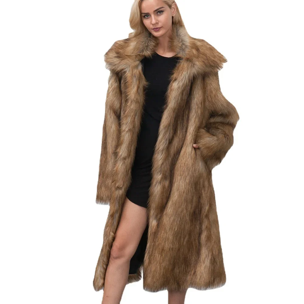 Faux Fur Coat Women Autumn Winter Warm Loose Brown Long Coats Turn Down Collar Long Sleeve High Waist Maxi Elegant 2025 Jacket